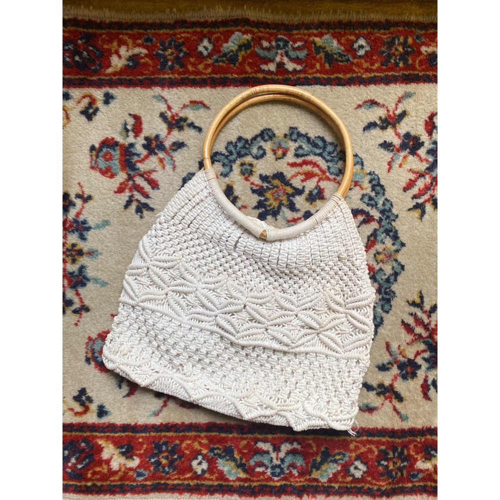 Vintage Macrame Boho Tote Bag Cream Woven Handbag Wood Ring Handle Summer Beach